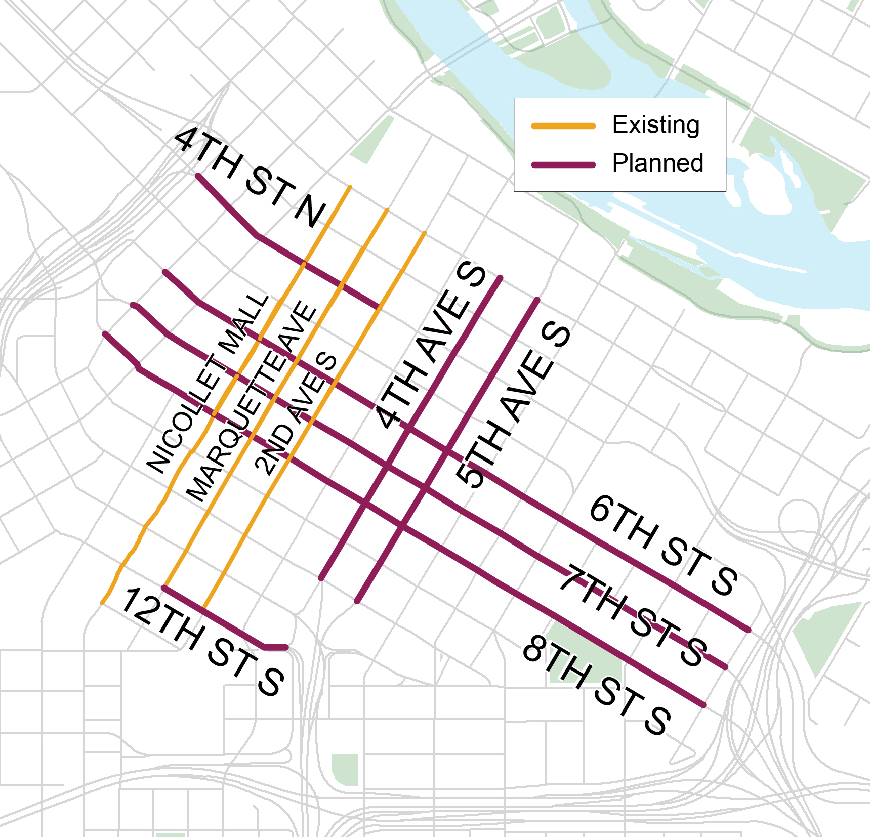 close up of downtown map of transit only lanes 