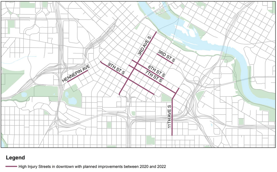 High injury streets in downtown with planned improvements between 2020 and 2022