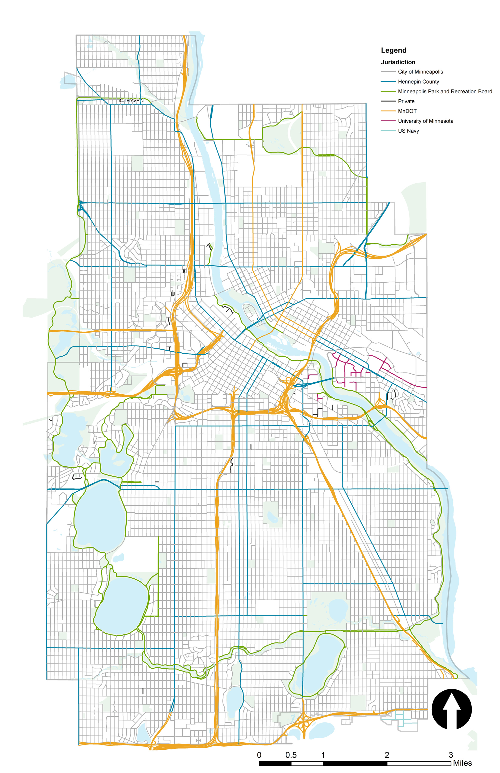 Map showing ownership of roadways in Minneapolis by City of Minneapolis, Hennepin County, Minneapolis Park and Rec Baord, Private, MnDOT, University of Minnesota, and the US Navy