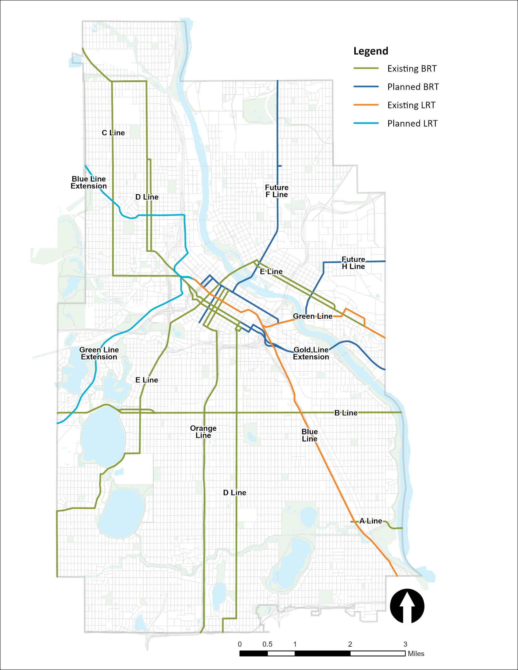 Existing and Planned Bus Rapid Transit and Light Rail lines in Minneapolis, as of 2025
