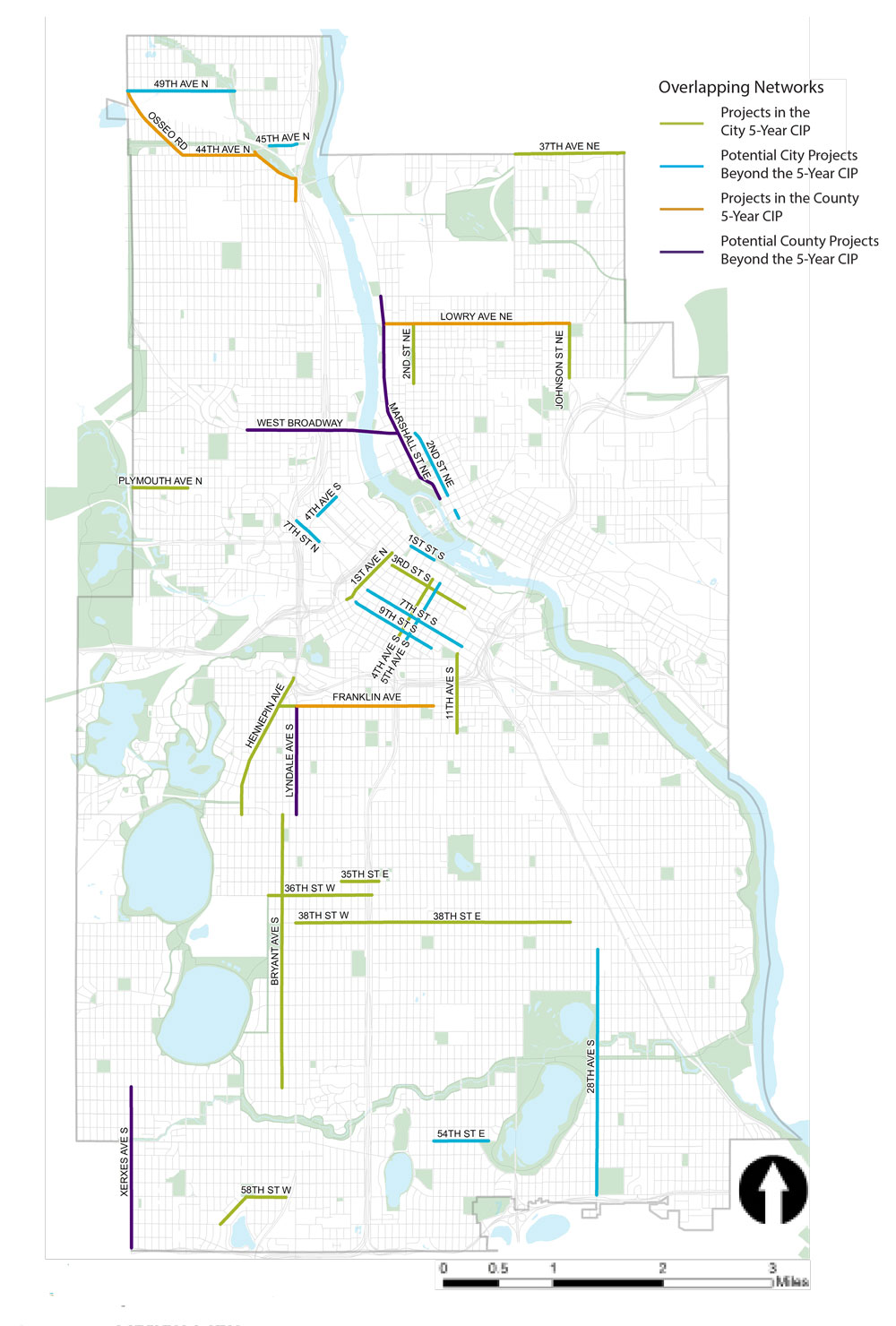 Map showing projects in the City 5-year CIP, potential City projects beyond the 5-year CIP, projects in the County CIP, and all other overlapping projects