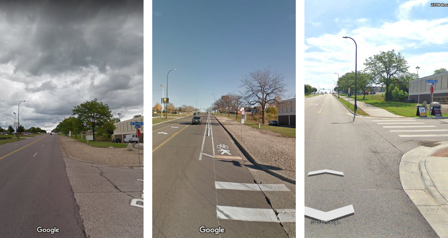 Sidewalk gap (left), interim pedestrian facilities (middle) and new sidewalk (right)