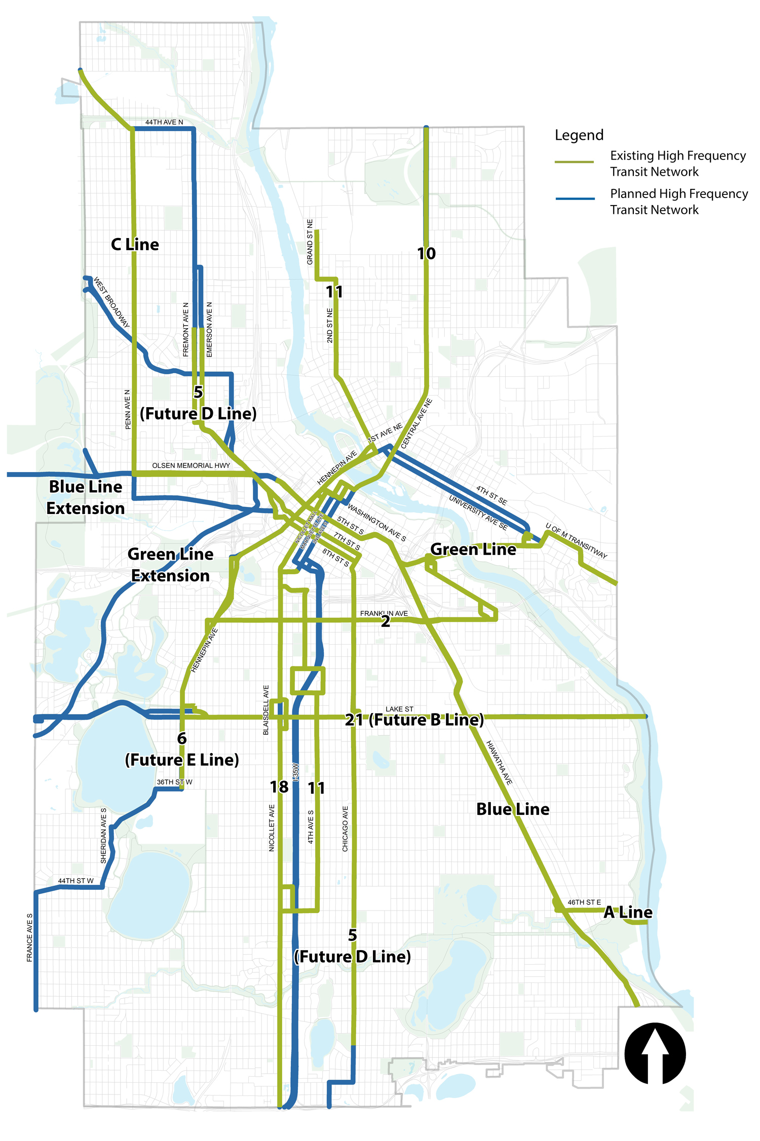 Existing and planned high frequency transit routes